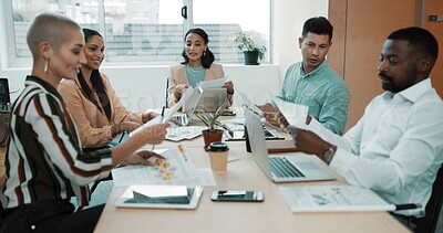 Buy stock photo Business people, discussion and document with laptop for planning, delegation or brainstorming at office. Group of employees, strategy meeting and technology with paperwork for project management