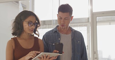 Buy stock photo Tablet, reading and team with business people in office for planning, social media marketing or email. Public relations agent, campaign engagement report and partner with employees in startup agency