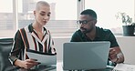 Business, people and document with laptop in office for planning, finance report and budget review. Staff, paperwork and pc for team, financial comparison and reading proposal for investment company