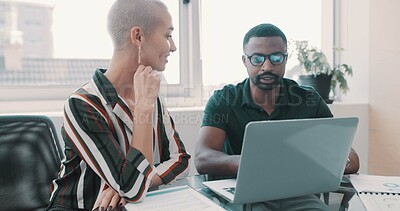 Buy stock photo Business, people and reading with laptop in office for planning, strategy report and budget review. Employees, document and pc for team, campaign comparison and proposal feedback of marketing company