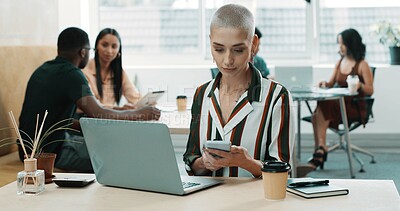 Buy stock photo Phone, laptop and businesswoman in office for communication, contact or networking with coffee. Coworking, computer and female creative editor with cellphone for research on mobile app in workplace.