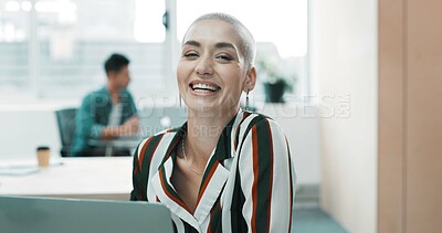 Buy stock photo Portrait, smile and woman in office, laptop and copywriting with humor, confidence and career ambition. Creative agency, funny and person in workplace, computer and pride with happiness and laughing
