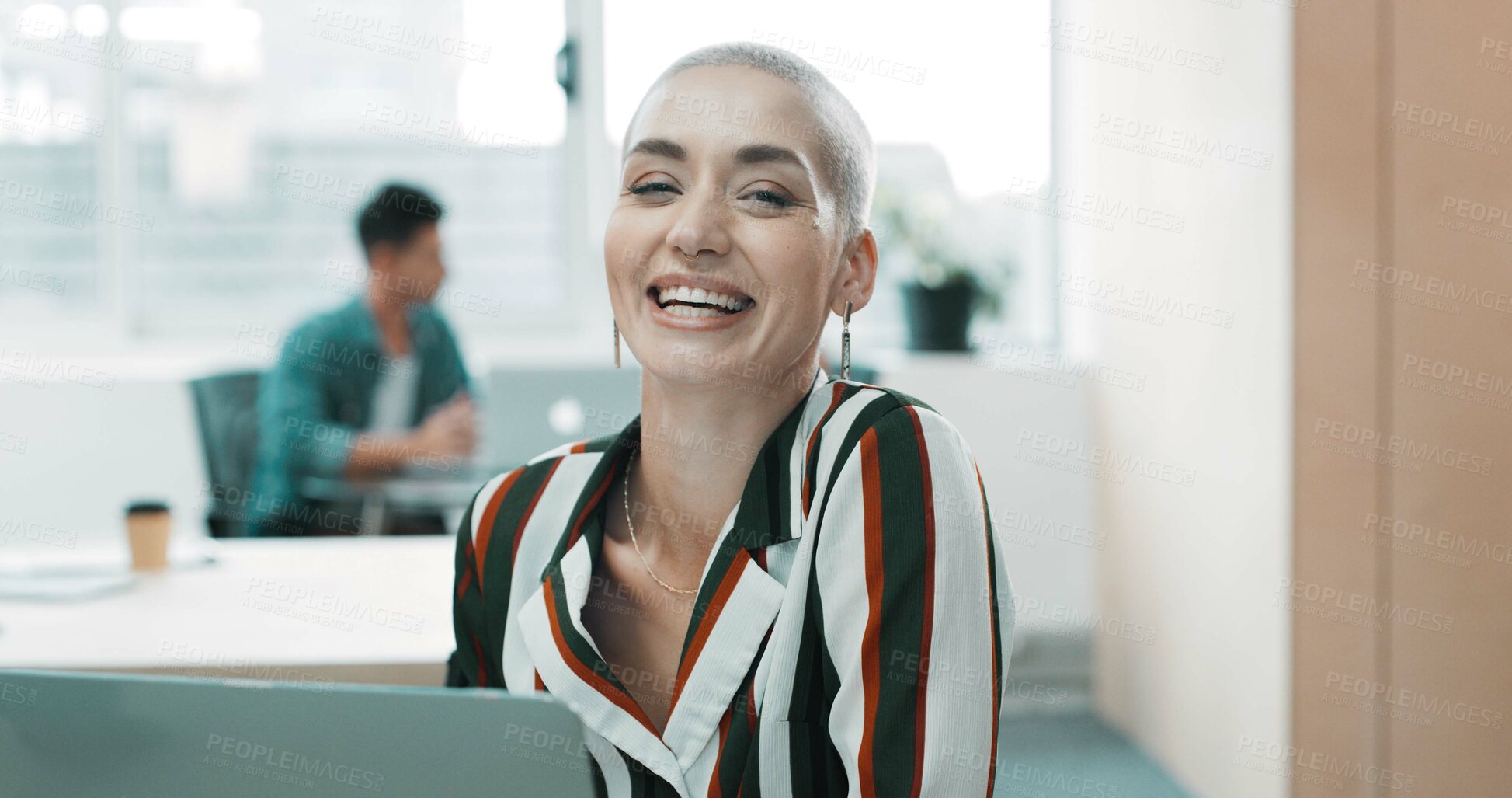 Buy stock photo Portrait, smile and woman in office, laptop and copywriting with humor, confidence and career ambition. Creative agency, funny and person in workplace, computer and pride with happiness and laughing