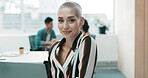 Creative, portrait and business woman in office for online project, research and seo analytics. Professional, startup and person on computer for website info, feedback and planning in coworking space