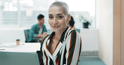 Buy stock photo Creative, portrait and business woman in office for online project, research and SEO analytics. Professional, startup and person on computer for website info, feedback and planning in coworking space