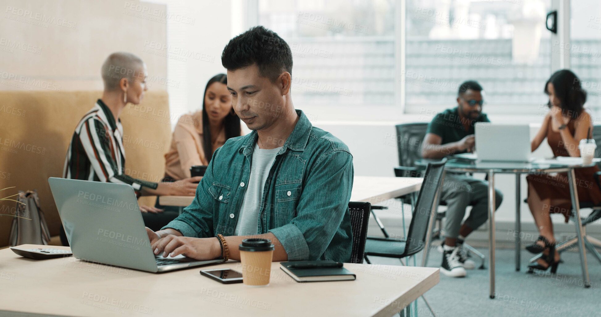 Buy stock photo Business, man and typing on laptop in office for research, writing article and editing draft. Journalist, coworking and pc for proofreading, report news and headline information on publication agenda