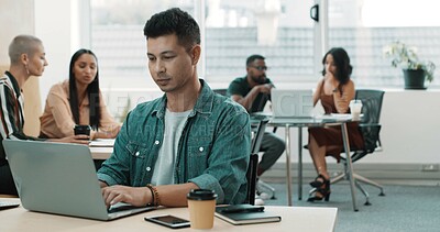 Buy stock photo Creative, man and typing on laptop in office for research, writing article and editing draft. Journalist, coworking and pc for proofreading, report news and headline information on publication agenda