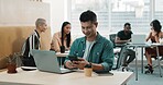 Businessman, laptop and smile with phone in office for notification, reading online report or email. Commission analyst, coworking and smartphone at desk for policy update, finance research and chat