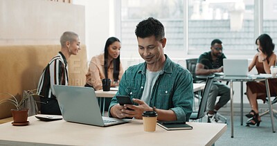 Buy stock photo Businessman, laptop and smile with phone in office for notification, reading online report or email. Commission analyst, coworking and smartphone at desk for policy update, finance research and chat