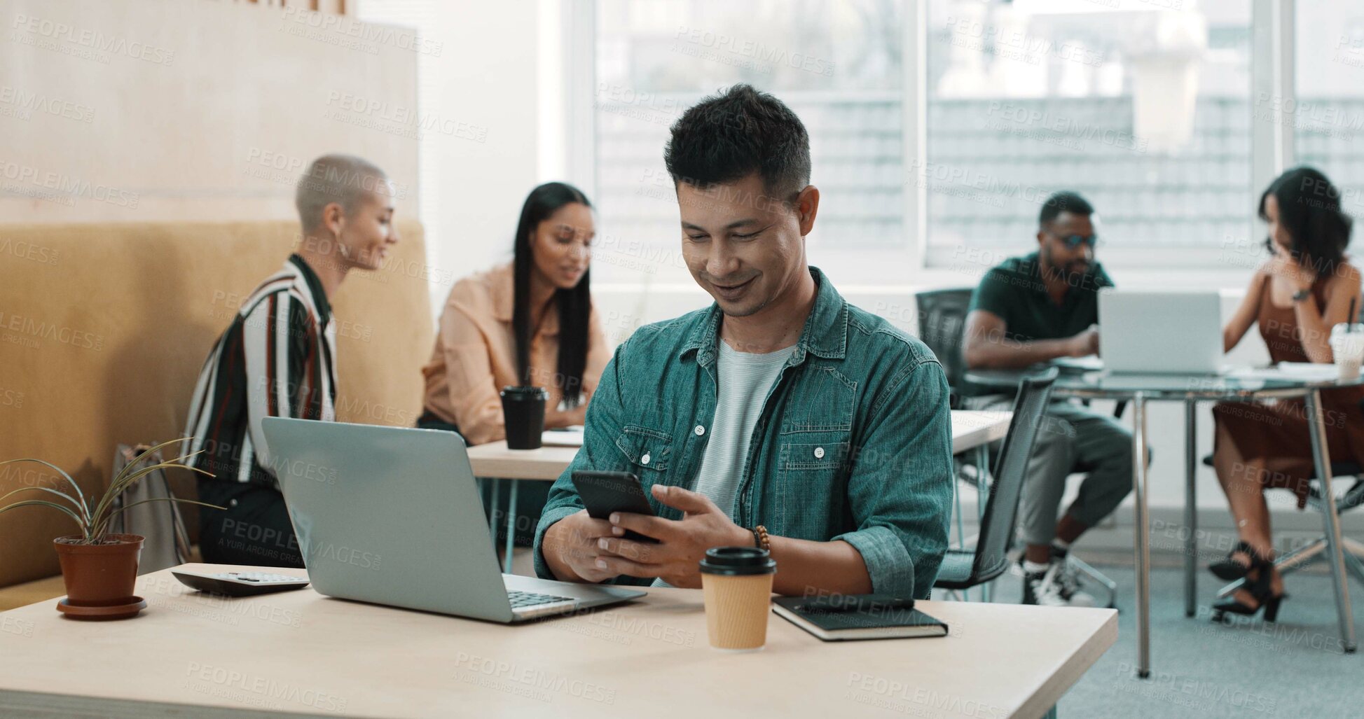 Buy stock photo Businessman, laptop and smile with phone in office for notification, reading online report or email. Commission analyst, coworking and smartphone at desk for policy update, finance research and chat