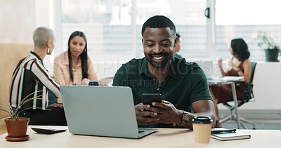 Buy stock photo Phone, smile and reading with business man in office for social media, branding manager and contact. Campaign marketing, network and text message with person and laptop for chat, research and app