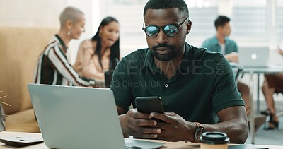 Buy stock photo Phone, glasses and reading with business man in office for social media, branding manager and contact. Campaign marketing, network and text message with person and laptop for chat, research and app