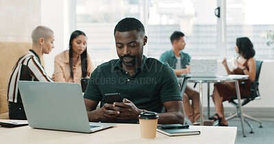 Buy stock photo Phone, online and reading with business man in office for social media, branding manager and contact. Campaign marketing, network and text message with person and laptop for chat, research and app