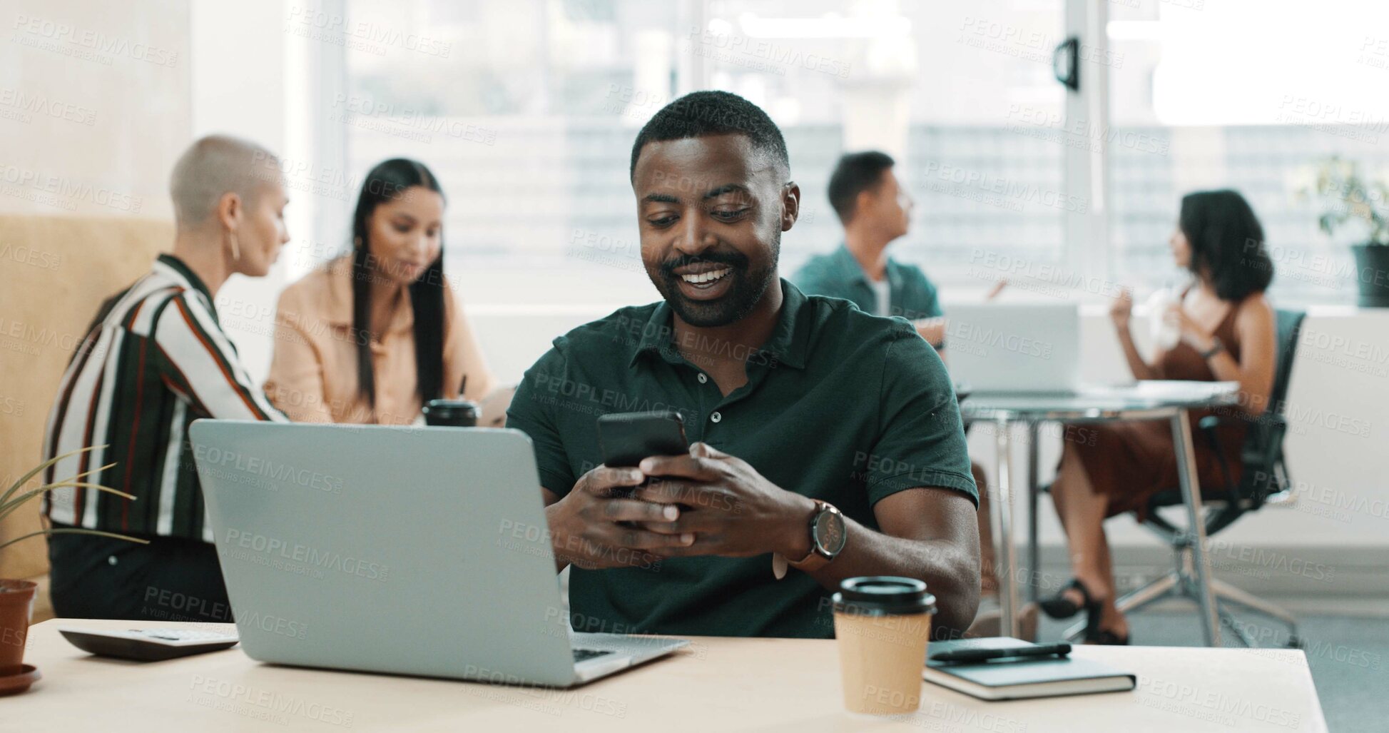 Buy stock photo Phone, typing and reading with business man in office for social media, branding manager and contact. Campaign marketing, network and text message with person and laptop for chat, research and app