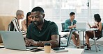 Business, man and reading with laptop in office for email, writing article and editing draft. Journalist, coworking and pc for proofreading, report news and headline information on publication agenda