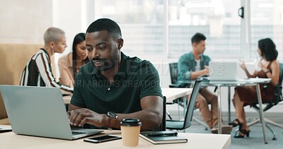 Buy stock photo Business, man and reading with laptop in office for email, writing article and editing draft. Journalist, coworking and pc for proofreading, report news and headline information on publication agenda