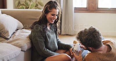 Buy stock photo Couple, relax and photography with camera in home for happy memory, relationship and love. Woman, man and smile with polaroid picture on lounge floor for anniversary, loyalty and support in house