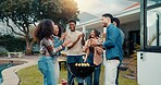 Friends, people and applause at barbecue at house, social gathering or reunion with cheering for food outdoor. Clapping hands, success and preparing meal for bbq, sweet corn and bonding in backyard