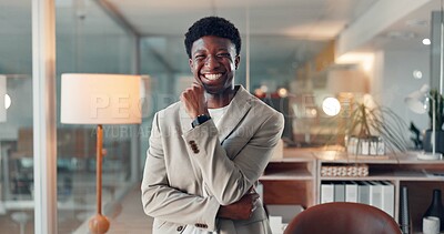Buy stock photo Portrait, business and black man laugh in office at night, career pride and finance advisor. Smile, male person and consultant with about us, financial experience and overtime joke of risk management