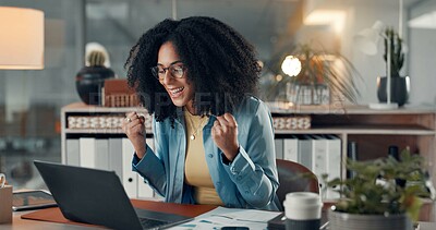 Buy stock photo Happy, business woman or night success with laptop for winning, good news or acchievement in office. Excited, female person or working late with smile or fist pump for productivity bonus or promotion