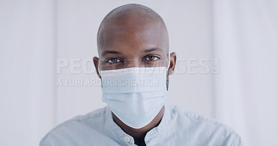 Buy stock photo Portrait, black man and patient with face mask for healthcare, virus protection or safety in clinic. PPE, hospital and person with disease prevention equipment, medical wellness and infection control