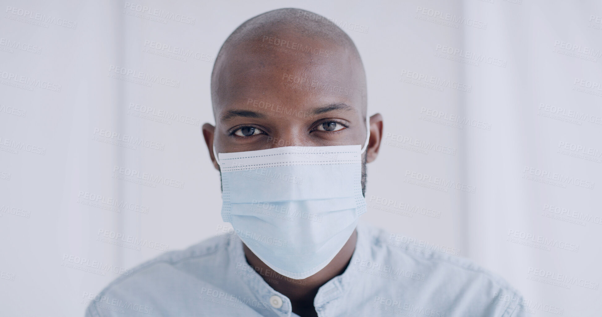 Buy stock photo Portrait, black man and patient with face mask for healthcare, virus protection or safety in clinic. PPE, hospital and person with disease prevention equipment, medical wellness and infection control