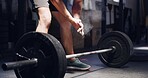 Man, fitness or hands with chalk or barbell for workout preparation, muscle gain or exercise in gym. Active, male person or getting ready with powder for weightlifting or training in health club