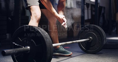Buy stock photo Man, fitness or hands with chalk or barbell for workout preparation, muscle gain or exercise in gym. Active, male person or getting ready with powder for weightlifting or training in health club