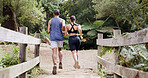 Back, running and athlete couple in nature for fitness, team exercise and cardio training. People, runner and sports workout with endurance challenge, marathon practice and wellness hobby in forest