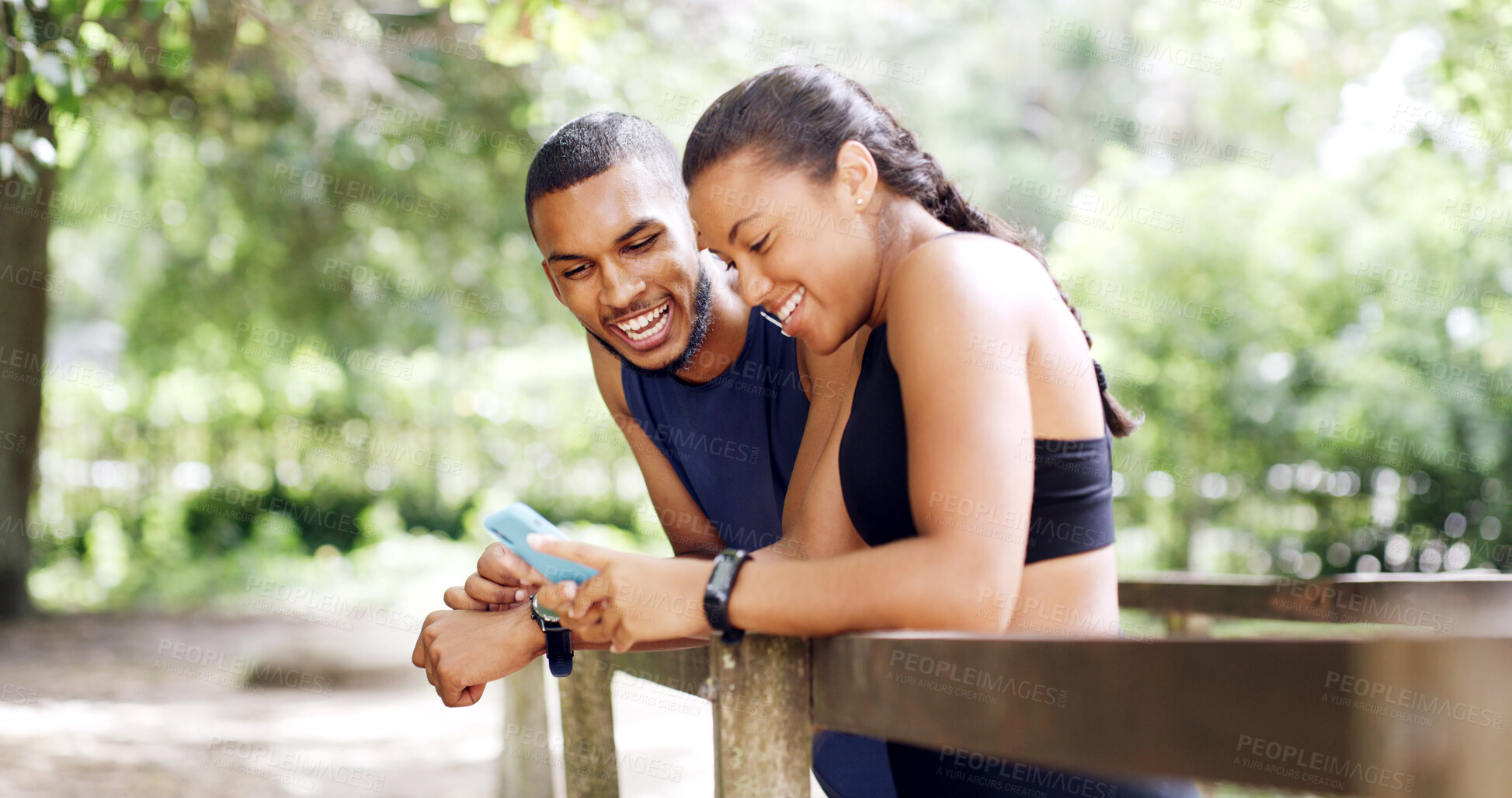 Buy stock photo Happy, outdoor and people with smartphone, fitness and funny meme with social media. Friends, man and woman with cellphone, internet or digital app to track progress, connection or smile with network