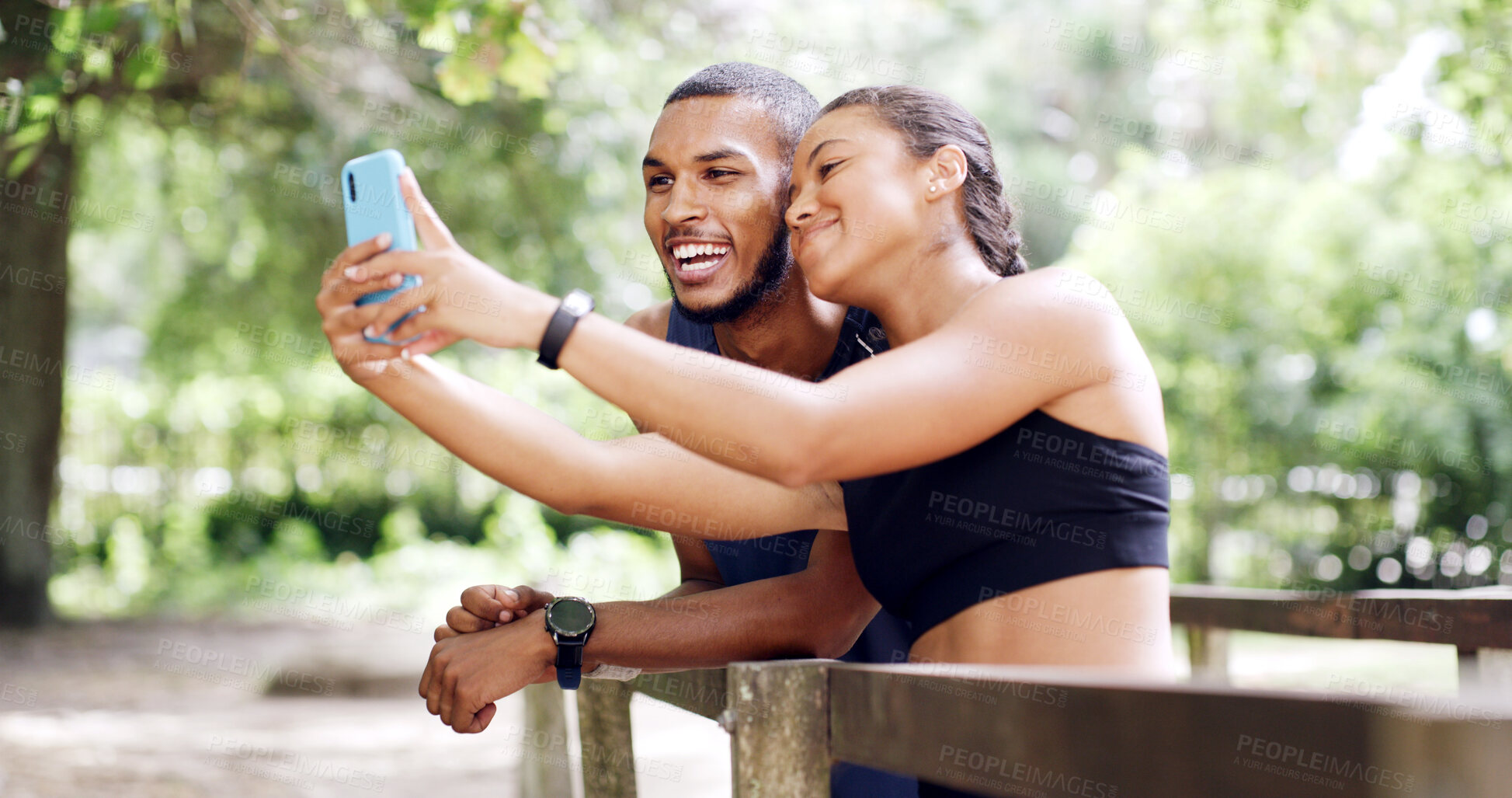 Buy stock photo Selfie, friends and phone on outdoor bridge, social media post and update profile picture for memory. Fitness, photography and happy people with mobile in nature, flare and smile together for bonding
