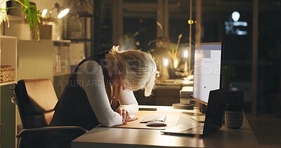 Buy stock photo Frustrated, business woman and night with burnout for overworked pressure, deadline or stress. Tired, female person or employee on technology in late evening for fatigue or mental health in workplace