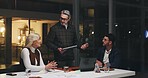 Business people, tablet and planning at night for brainstorming, schedule or project deadline. Group, employees or team working late with technology for creative development or agenda in office