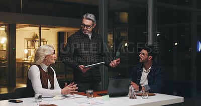Buy stock photo Business people, tablet and planning at night for brainstorming, schedule or project deadline. Group, employees or team working late with technology for creative development or agenda in office