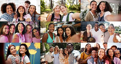 Buy stock photo Collage, selfie and different people with portrait, bonding together or fun in digital memories. Composite, POV or group in moment capture with happiness, emoji or diverse friendship on social media 