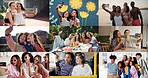 Collage, selfie and different people with phone, bonding together and fun in digital memories. Composite, happiness and group in moment capture with tech, emoji or diverse friendship on social media 
