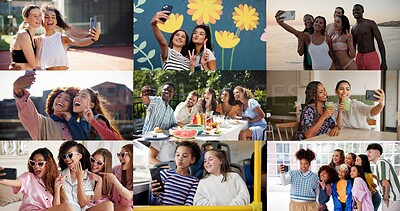Buy stock photo Collage, selfie and different people with phone, bonding together and fun in digital memories. Composite, happiness and group in moment capture with tech, emoji or diverse friendship on social media 