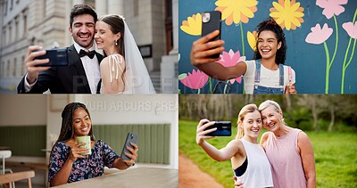 Buy stock photo Collage, selfie or different people with phone, bonding or solo fun in digital memories. Composite, happy or diversity in moment capture with tech, wedding party or fitness journey on social media.