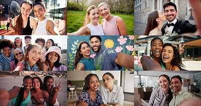 Buy stock photo Collage, selfie and diverse people with portrait, bonding together or fun in digital memories. Composite, POV or group in moment capture with happiness, emoji or different update on social media app