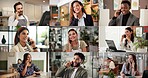 Business people, phone call or montage with smile, talk or communication for negotiation feedback. Workers, mobile or collage of conversation with men, women or contact for networking with connection