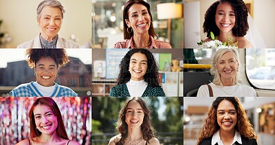 Buy stock photo Portrait, collage and smile of different women for variety in business for career development. Pride, diversity and happy with people at location or venue for job, outdoor break or wedding event