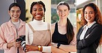 Composite, portrait or women with arms crossed in workplace, about us or pride for career development. Photographer, collage or confident people with personal trainer, entrepreneur or business person