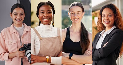 Buy stock photo Composite, portrait or women with arms crossed in workplace, about us or pride for career development. Photographer, collage or confident people with personal trainer, entrepreneur or business person