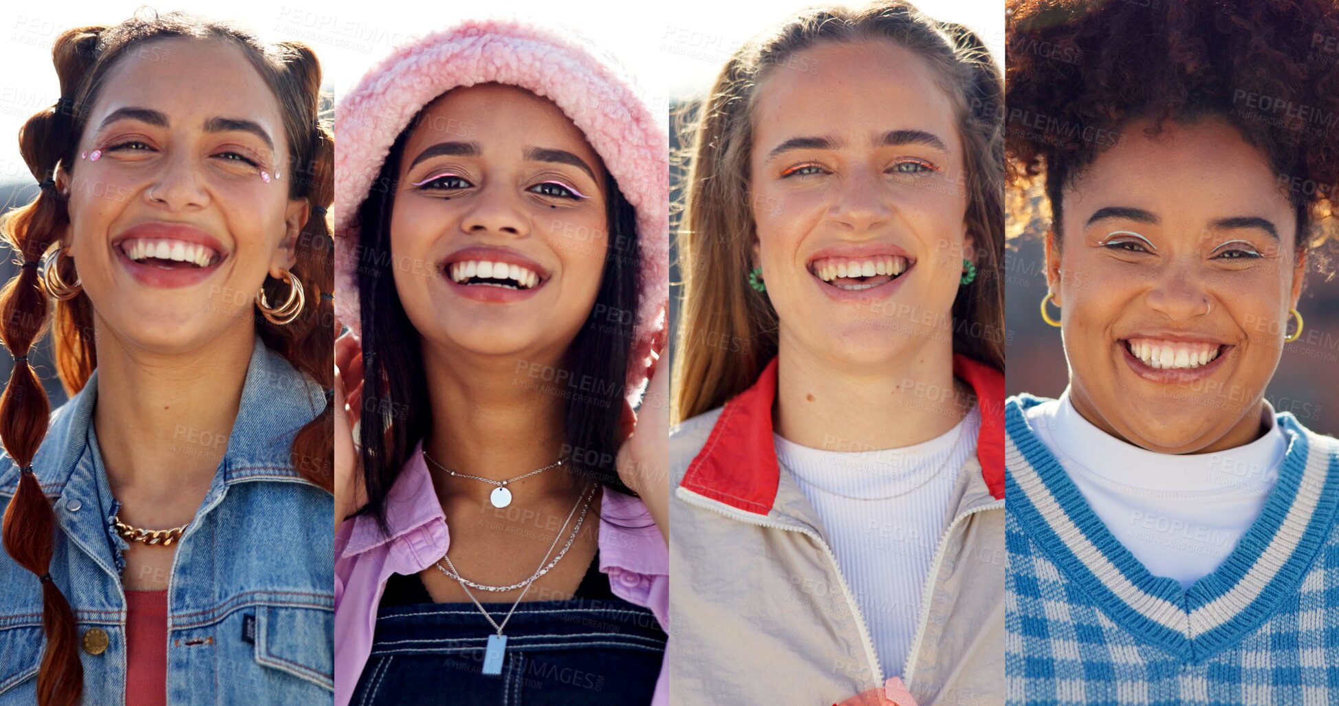 Buy stock photo Happy, fashion and portrait of women with montage with confidence for casual, trendy or cool outfit. Smile, collage and female students with pride for edgy style with composite in urban town.