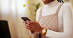 Hands, phone and reaction with emoji at office, smile and texting on break, contact and icon for chat. Person, smartphone and happy for sign, symbol or scroll on social media at creative agency