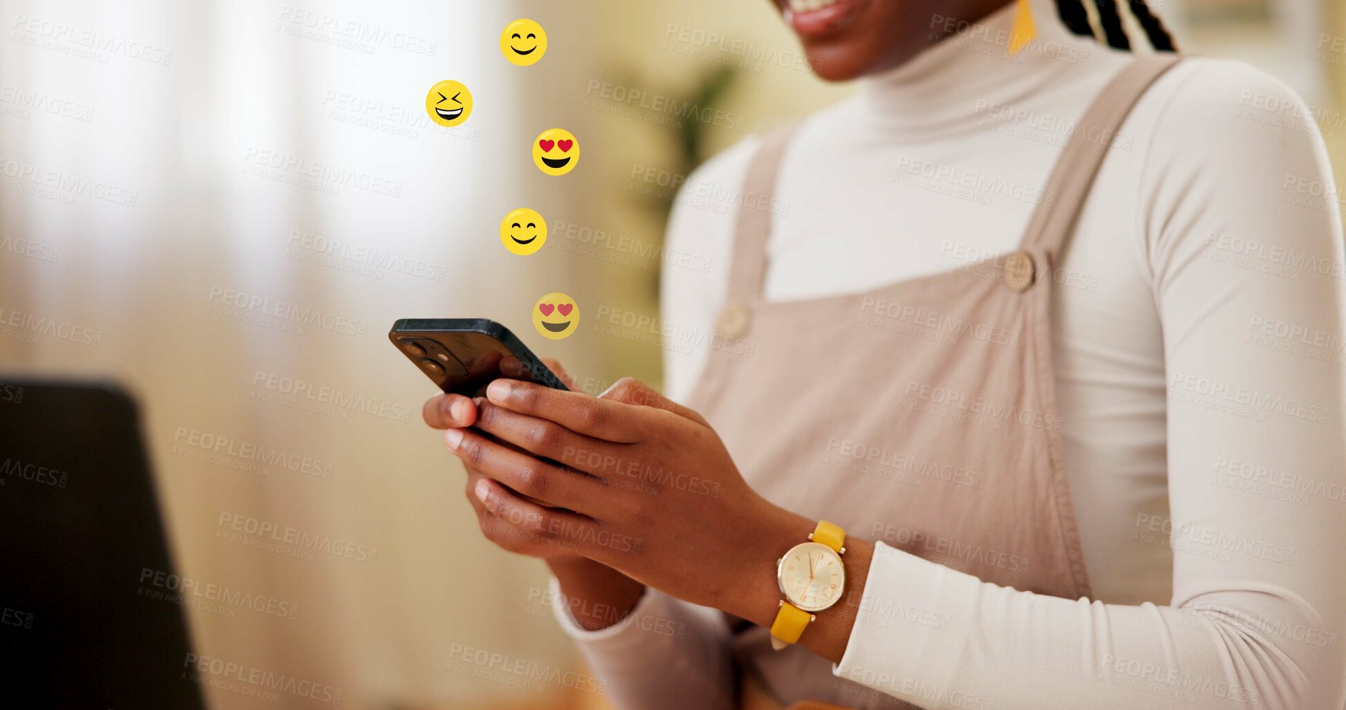 Buy stock photo Hands, phone and reaction with emoji at office, smile and texting on break, contact and icon for chat. Person, smartphone and happy for sign, symbol or scroll on social media at creative agency