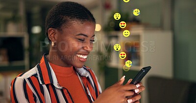 Buy stock photo Black woman, phone and reaction with emoji at startup, smile and texting at night, contact or icon for chat. Person, smartphone and happy for sign, symbol or scroll on social media at creative agency