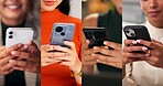 Collage, hands and smartphone with texting, scroll and network with contact, chat and notification. People, phone and click with mobile app, communication or check post on social media at workplace
