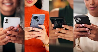 Buy stock photo Collage, hands and smartphone with texting, scroll and network with contact, chat and notification. Women, phone and click with mobile app, communication or check post on social media at workplace