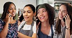 Composite, phone call and women with talking in workplace, communication and networking with smile. Diversity, conversation and happy people with mobile app for contact, collage and connectivity 